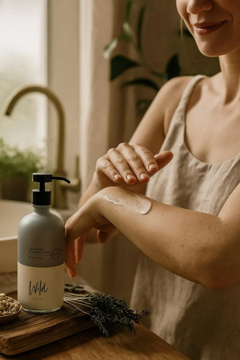 Person applying cream to their arm with a bottle of Wild England body lotion skincare product on a wooden surface.