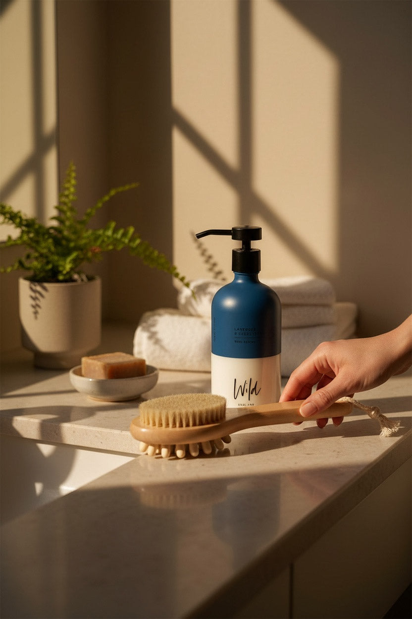 Bathroom setting with a Wild England body lotion in a blue bottle, with the Wild England bristle brush, and soap on a counter.