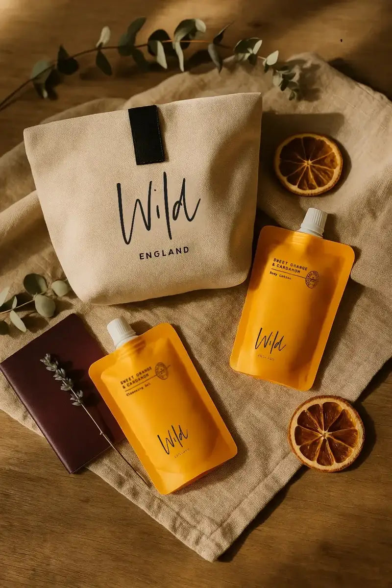 Wild England's body lotion and cleansing gel refill pouches, surrounded bydried orange and leaves