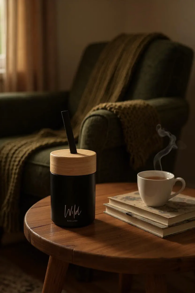 Cumin and Tobacco Reed Diffuser sat on coffee table next to warm cup of tea