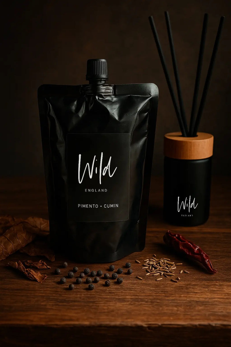 Cumin and Tobacco Diffuser Refill sat on rustic wooden. table top next to dried fruits cumin seeds and diffuser