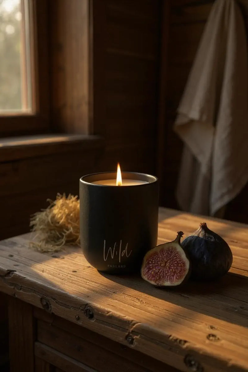 Black Fig  and Vetiver Limited Edition Candle sat on rustic wooden table top next to sliced fig