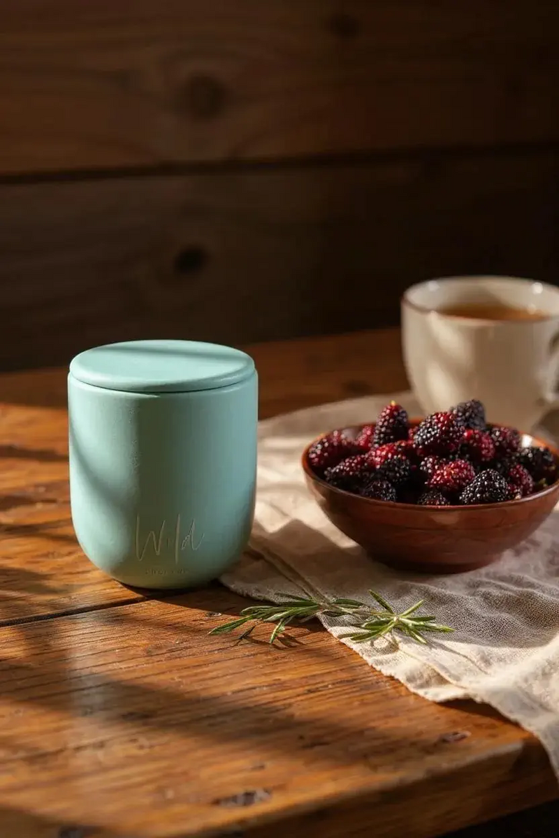 Mulberry and Rosemary Limited Edition Candle sat on rustic table top next to bowl of blackberries and cup of tea