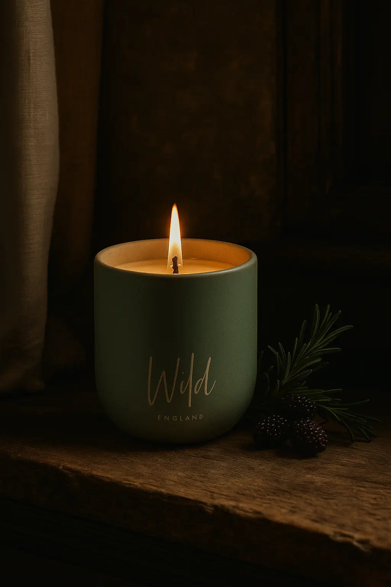 Mulberry and Rosemary Limited Edition Candle sat on rustic wooden table top next to blackberries