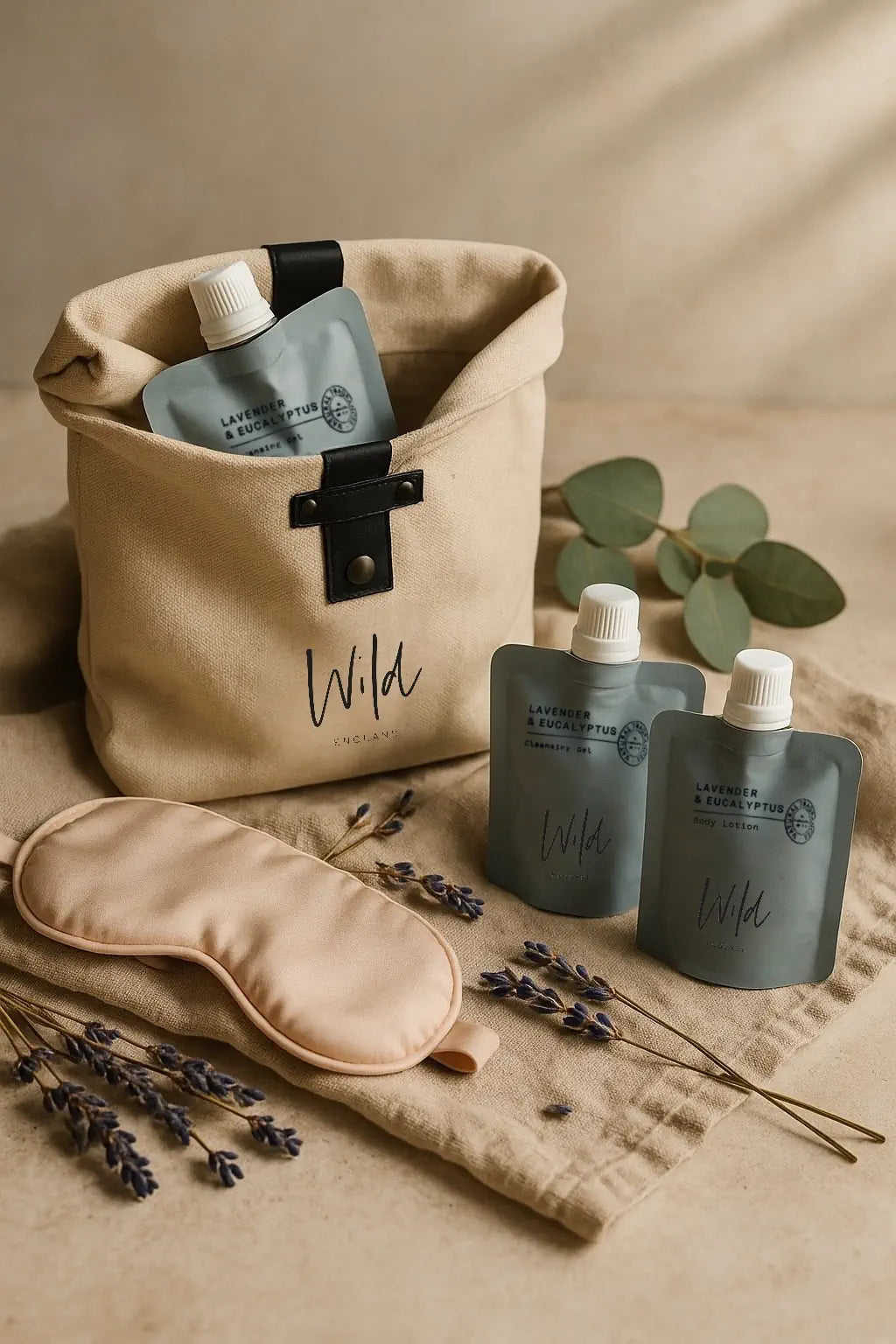Wild England natural hand and body wash and lotion lavender and eucalyptus pouches 50ml tucked into a small canvas bag, next to a sleep mask and lavender sprigs
