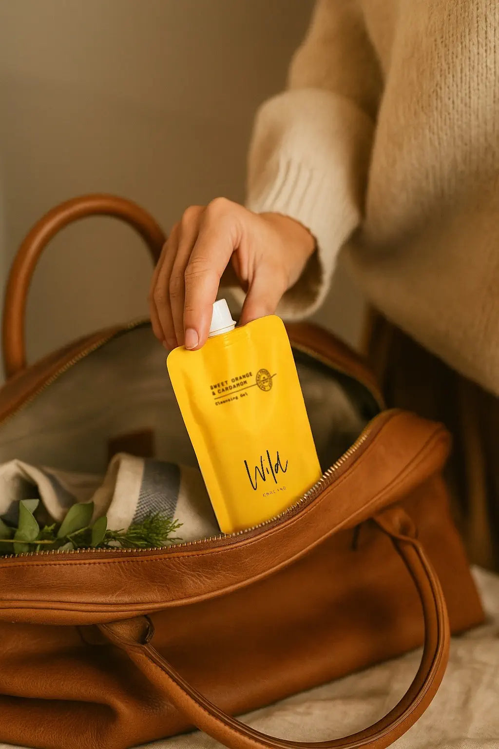 Wild England natural hand and body wash travel pouch 50ml tucked into a handbag