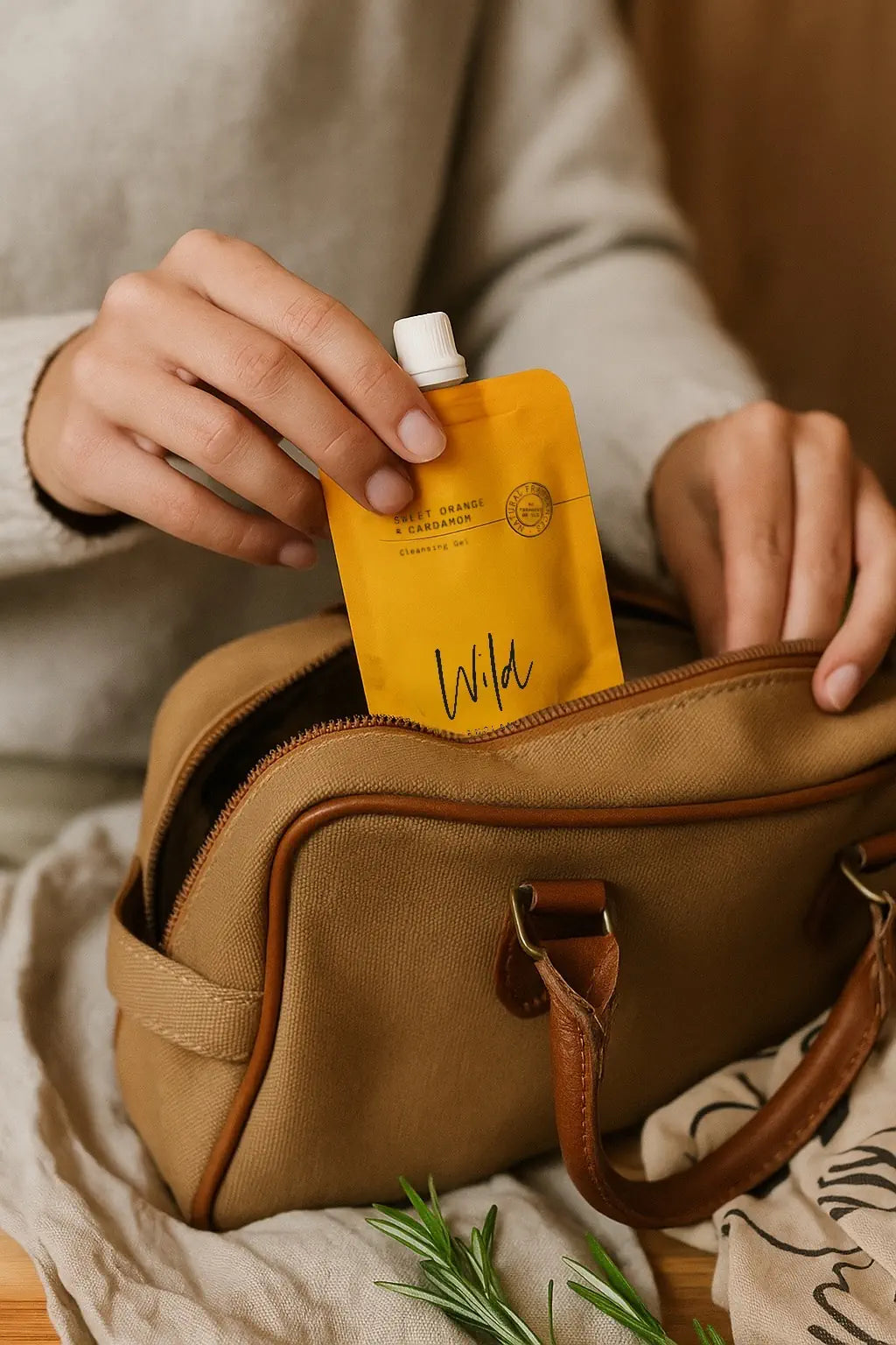 Wild England natural hand and body wash travel pouch 50ml tucked into a small travel bag