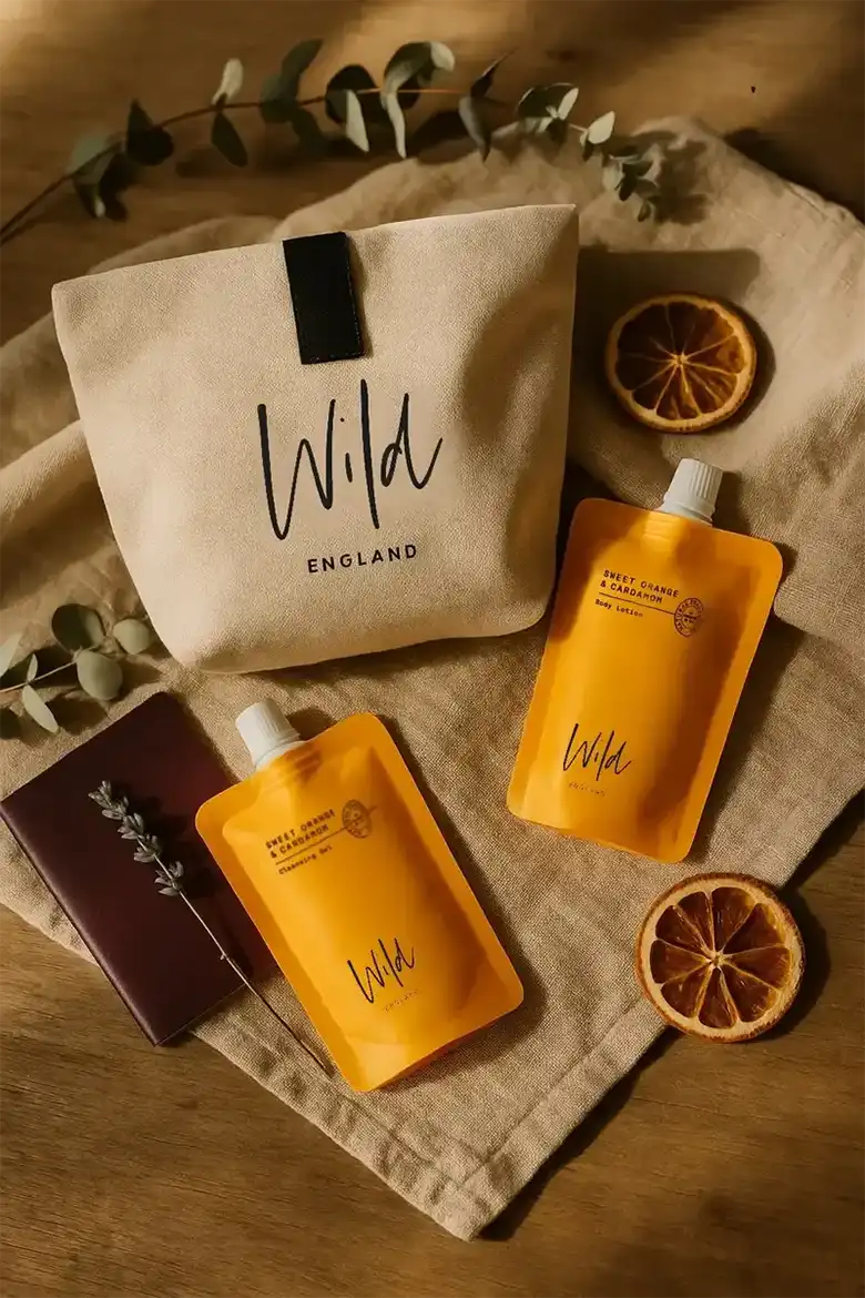 Wild England natural hand and body wash and lotion sweet orange and cardamom canvas travel pouches 50ml sat next too small canvas bag, passport and dried orange slices