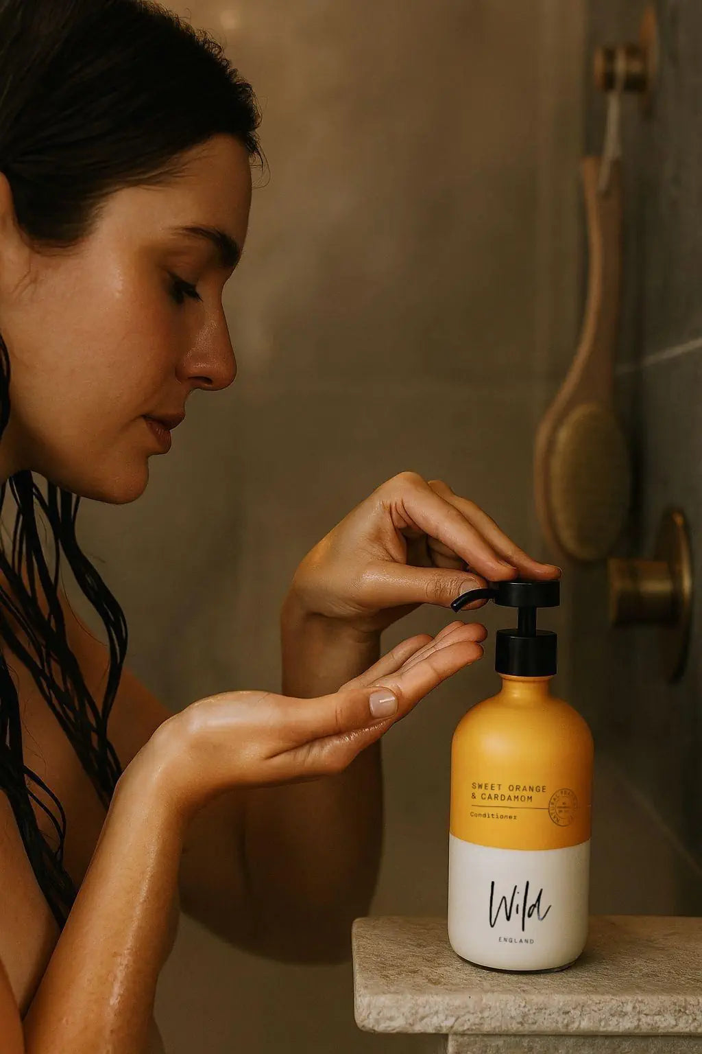 Wild England natural conditioner sweet orange and cardamom 475ml bottle being applied to hand by model in shower