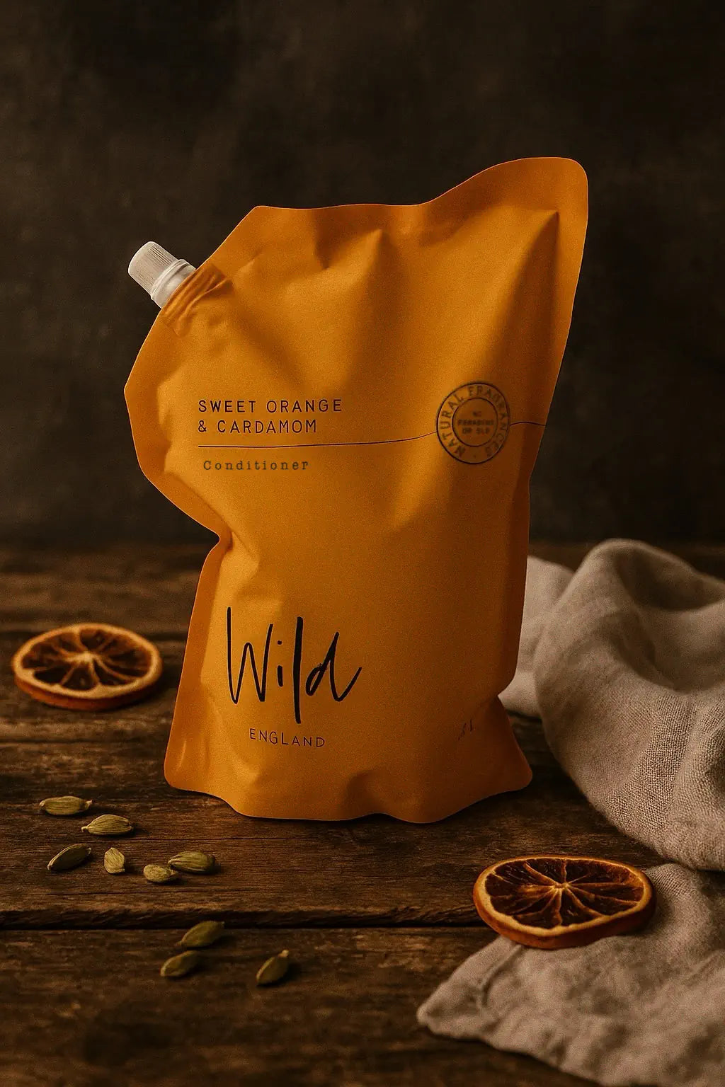 Sweet Orange and Cardamom Conditioner Refill  on rustic wooden surface with dry orange slices