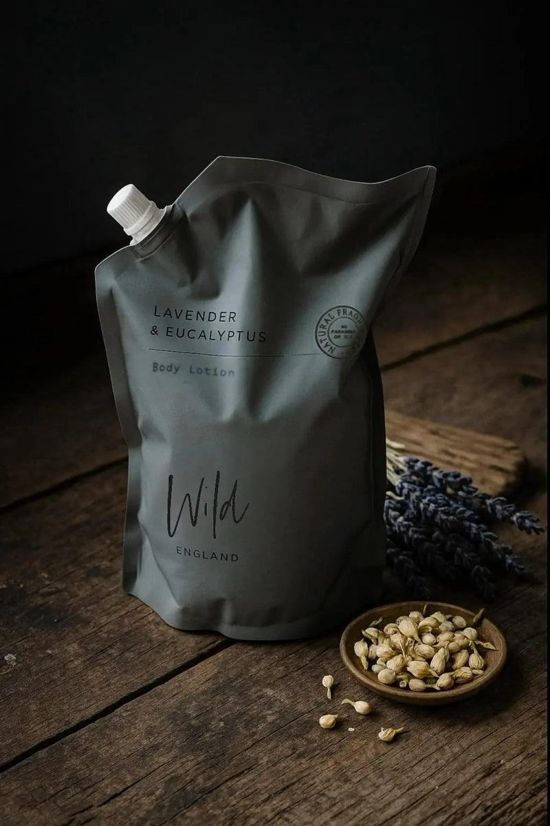 Lavender and Eucalyptus Body Lotion Refill  on rustic wooden surface with dry orange slices