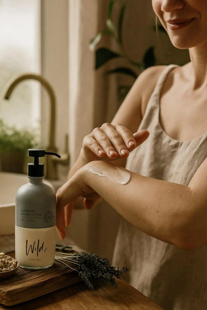 Wild England lavender and eucalyptus natural hand and body lotion 475ml applied to arm by model