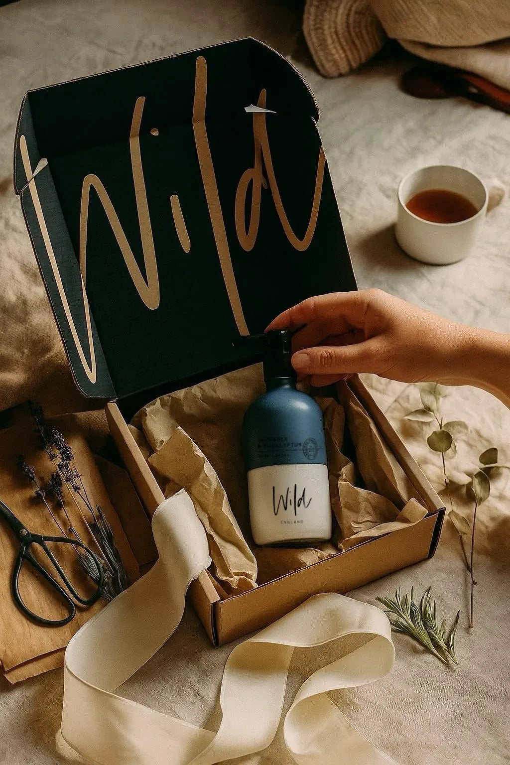 Wild England single bottle gift box with model holding lavender and eucalyptus 475ml natural hand body lotion bottle next to lavender sprigs and scissors