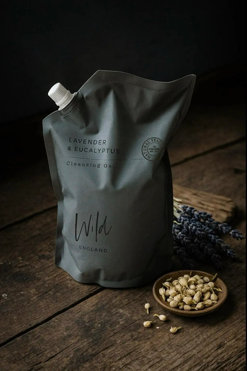 Lavender & Eucalyptus Hand and Body Wash Refill  on rustic wooden surface with lavender sprigs