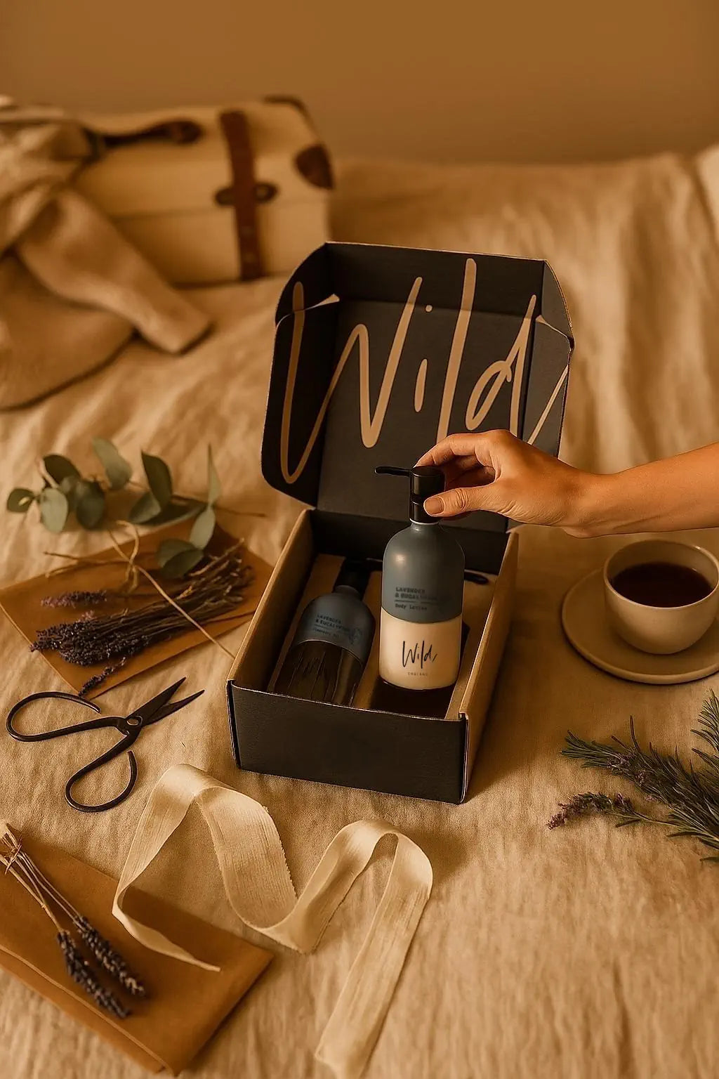 Wild England two bottle gift box with model revealing a set of lavender and eucalyptus 475ml natural hand and body wash and lotion bottles, inside the packaging, next to dried lavender sprig, coffee cup and scissors