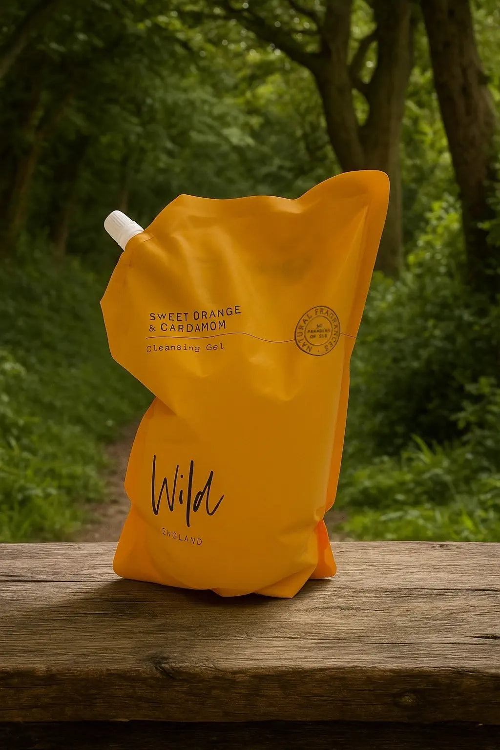 Sweet Orange and Cardamom Cleaning Gel Refill on rustic wooden surface in woodland setting
