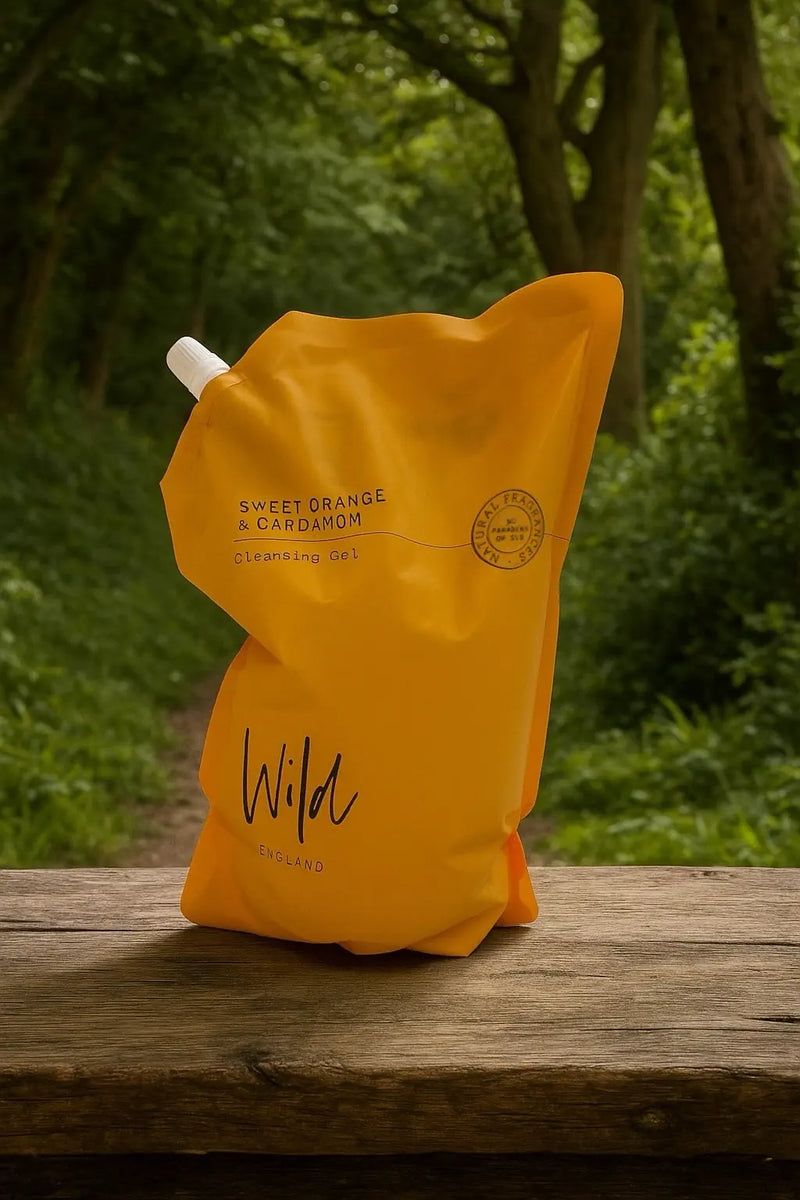 Sweet Orange and Cardamom Cleaning Gel Refill on rustic wooden surface in woodland setting