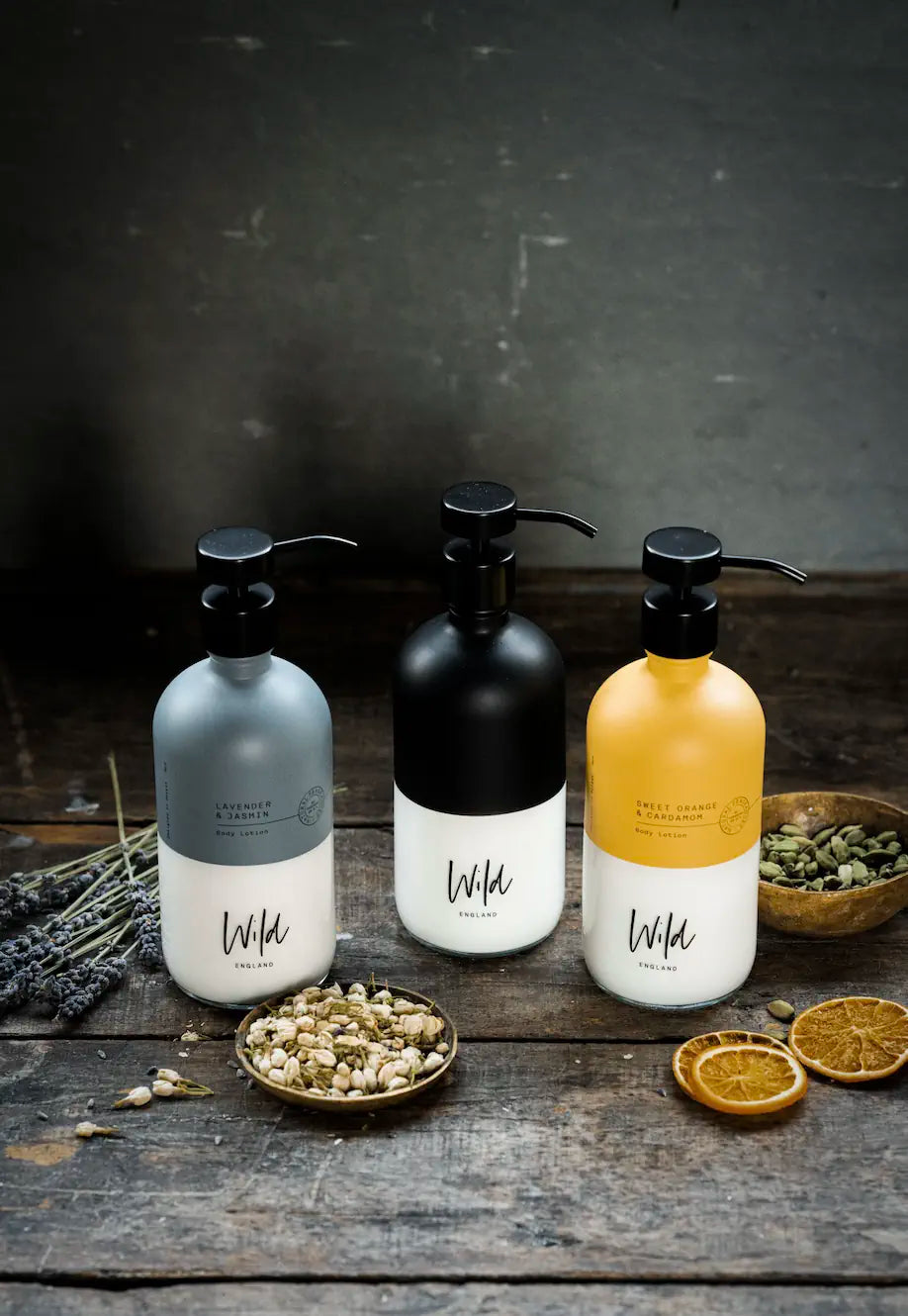 Wild England Three Bottle Starter Pack including lavender and eucalyptus hand and body lotion, sweet orange and cardamom hand and body lotion, refill bottle 475ml