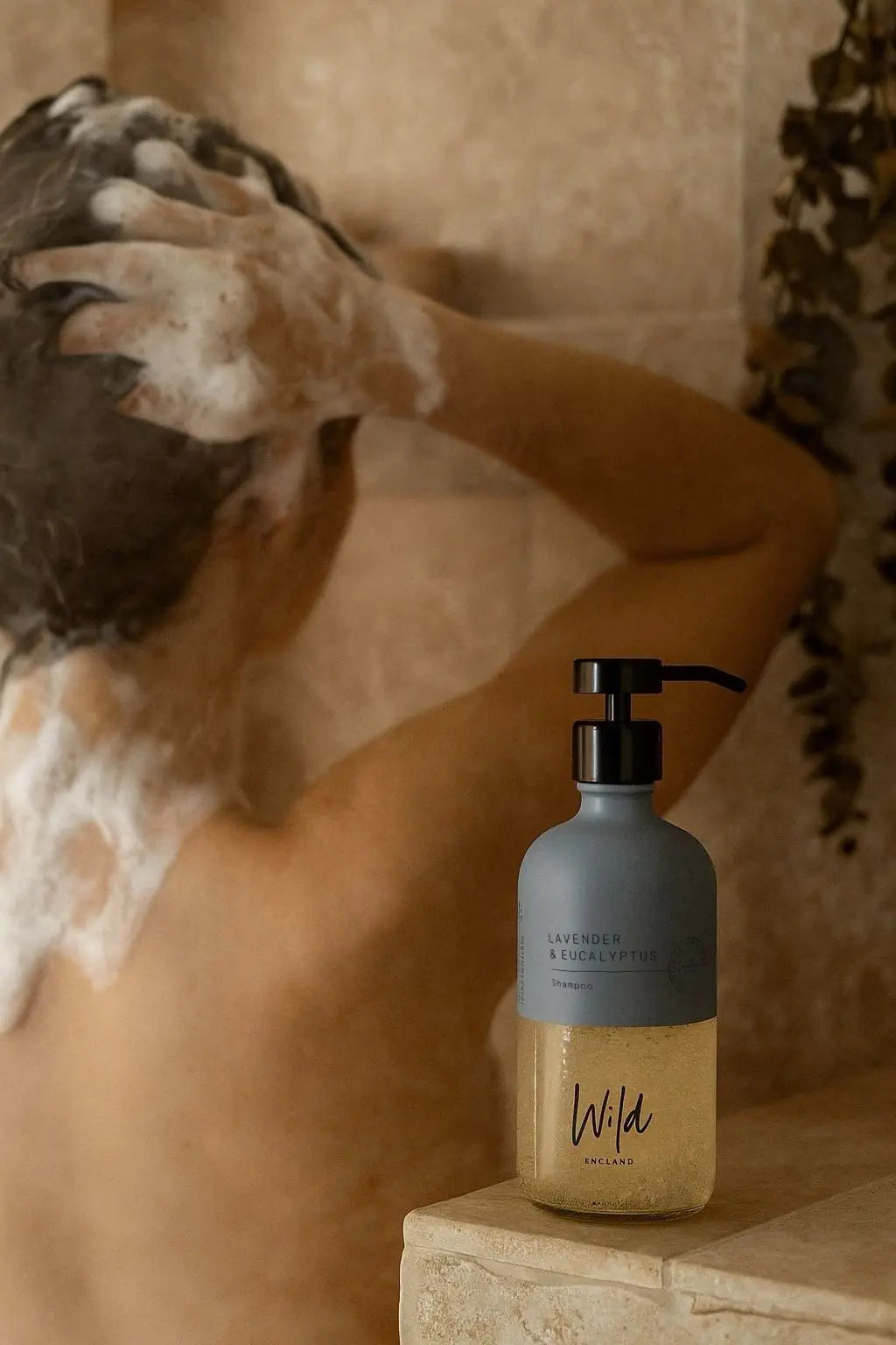 Wild England natural lavender and eucalyptus shampoo 475m bottle in shower